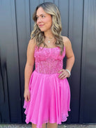 Geranium | Fuchsia - Strapless Chiffon A Line Short Homecoming Dresses With Appliques
