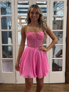 Geranium | Fuchsia - Strapless Chiffon A Line Short Homecoming Dresses With Appliques