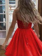 Geranium | Red - Strapless Chiffon A Line Short Homecoming Dresses With Appliques