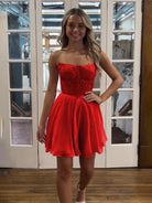 Geranium | Red - Strapless Chiffon A Line Short Homecoming Dresses With Appliques