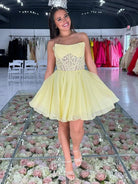 Geranium | Yellow - Strapless Chiffon A Line Short Homecoming Dresses With Appliques