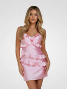 Gessa | Pink - Sheath V Neck Satin Homecoming Dresses with Ruffles