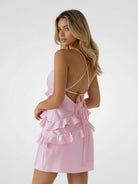 Gessa | Pink - Sheath V Neck Satin Homecoming Dresses with Ruffles