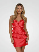 Gessa | Red - Sheath V Neck Satin Homecoming Dresses with Ruffles - KissProm