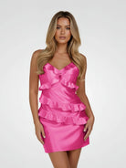 Gessa | Fuchsia - Sheath V Neck Satin Homecoming Dresses with Ruffles - KissProm