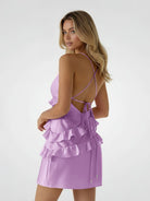 Gessa | Lilac - Sheath V Neck Satin Homecoming Dresses with Ruffles - KissProm