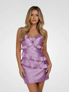 Gessa | Lilac - Sheath V Neck Satin Homecoming Dresses with Ruffles - KissProm