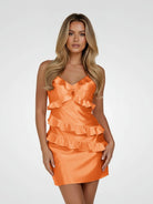 Gessa | Orange - Sheath V Neck Satin Homecoming Dresses with Ruffles - KissProm