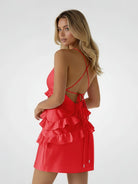 Gessa | Red - Sheath V Neck Satin Homecoming Dresses with Ruffles - KissProm