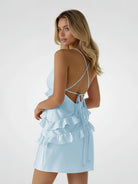 Gessa | Sky Blue - Sheath V Neck Satin Homecoming Dresses with Ruffles - KissProm