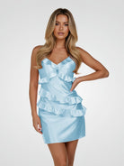 Gessa | Sky Blue - Sheath V Neck Satin Homecoming Dresses with Ruffles - KissProm