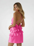 Gessa | Fuchsia - Sheath V Neck Satin Homecoming Dresses with Ruffles - KissProm