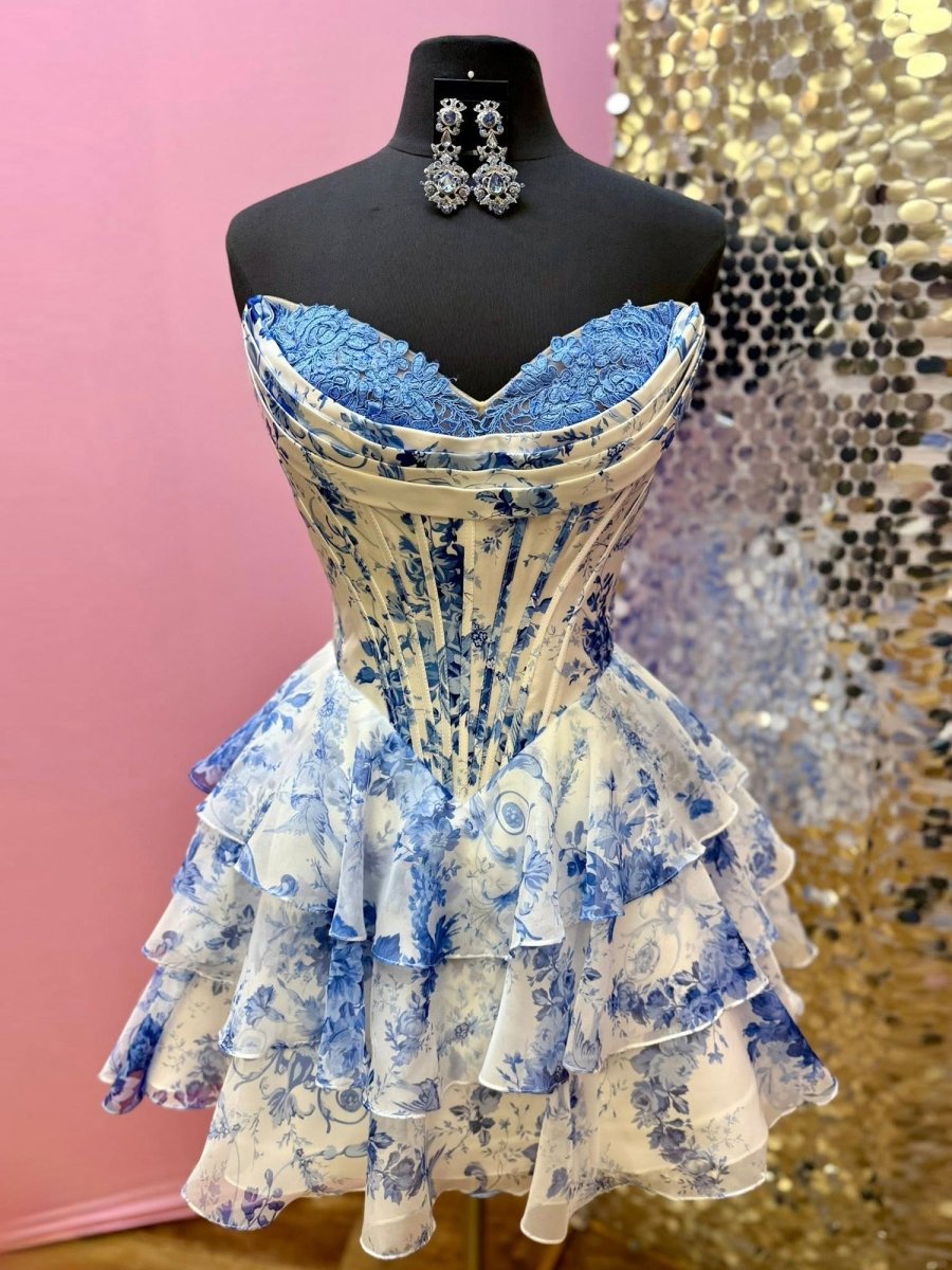 Gilda | Sky Blue - A Line Sweetheart Floral Chiffon Corset Ruffled Homecoming Dresses