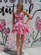 Gilda | Pink - A Line Sweetheart Floral Chiffon Corset Ruffled Homecoming Dresses
