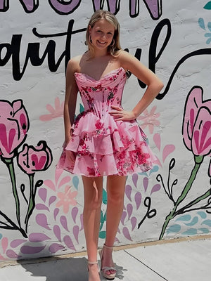 Gilda | Pink - A Line Sweetheart Floral Chiffon Corset Ruffled Homecoming Dresses