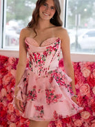 Gilda | Pink - A Line Sweetheart Floral Chiffon Corset Ruffled Homecoming Dresses