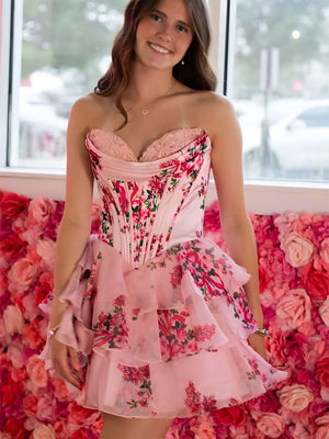 Gilda | Pink - A Line Sweetheart Floral Chiffon Corset Ruffled Homecoming Dresses