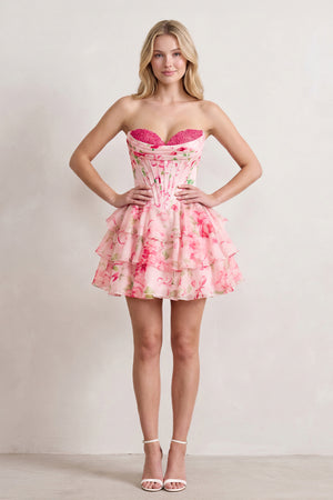 Pink A Line Sweetheart Floral Chiffon Corset Ruffled Homecoming Dresses - KISSPROM