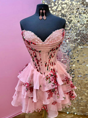 Gilda | Pink - A Line Sweetheart Floral Chiffon Corset Ruffled Homecoming Dresses
