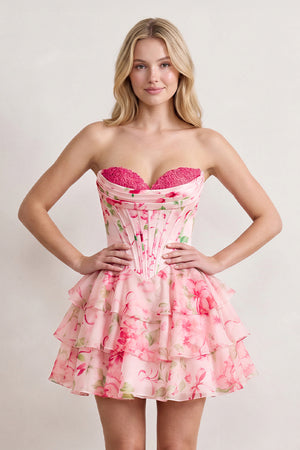 Pink A Line Sweetheart Floral Chiffon Corset Ruffled Homecoming Dresses - KISSPROM