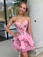 Gilda | Pink - A Line Sweetheart Floral Chiffon Corset Ruffled Homecoming Dresses