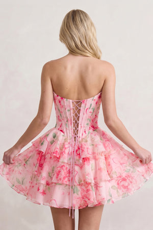 Pink A Line Sweetheart Floral Chiffon Corset Ruffled Homecoming Dresses - KISSPROM