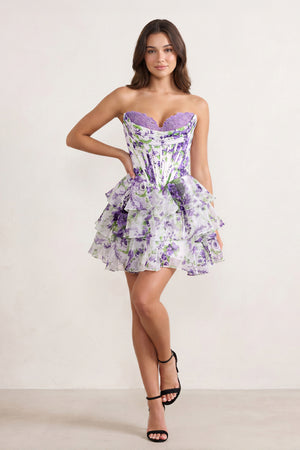 Purple A Line Sweetheart Floral Chiffon Corset Ruffled Homecoming Dresses - KISSPROM