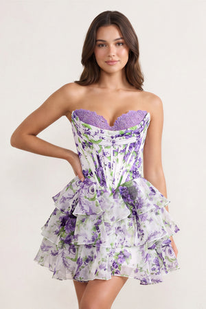 Purple A Line Sweetheart Floral Chiffon Corset Ruffled Homecoming Dresses - KISSPROM