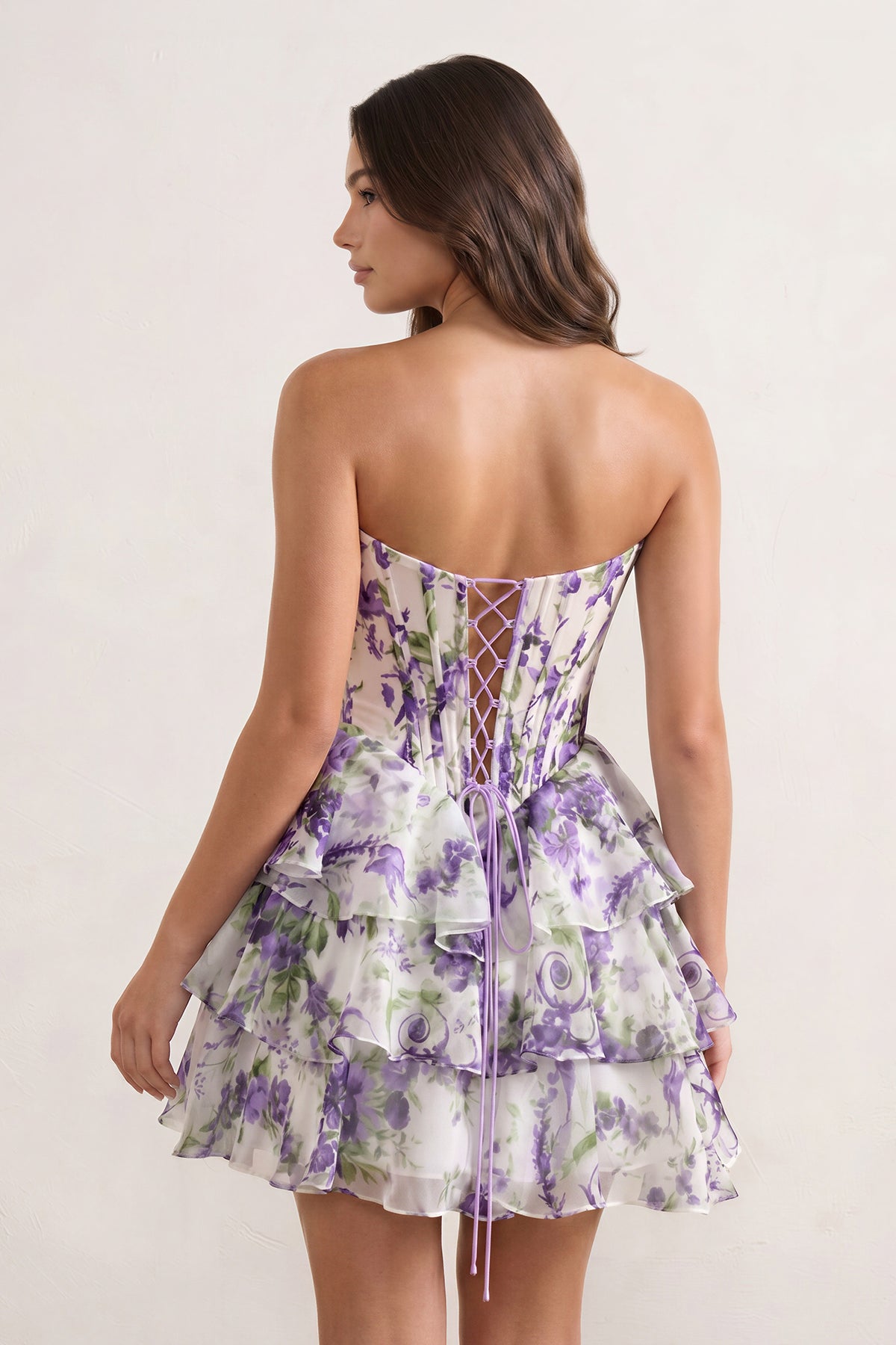 KissProm Sky Blue A Line Sweetheart Floral Chiffon Corset Ruffled Homecoming Dresses, Purple / 16