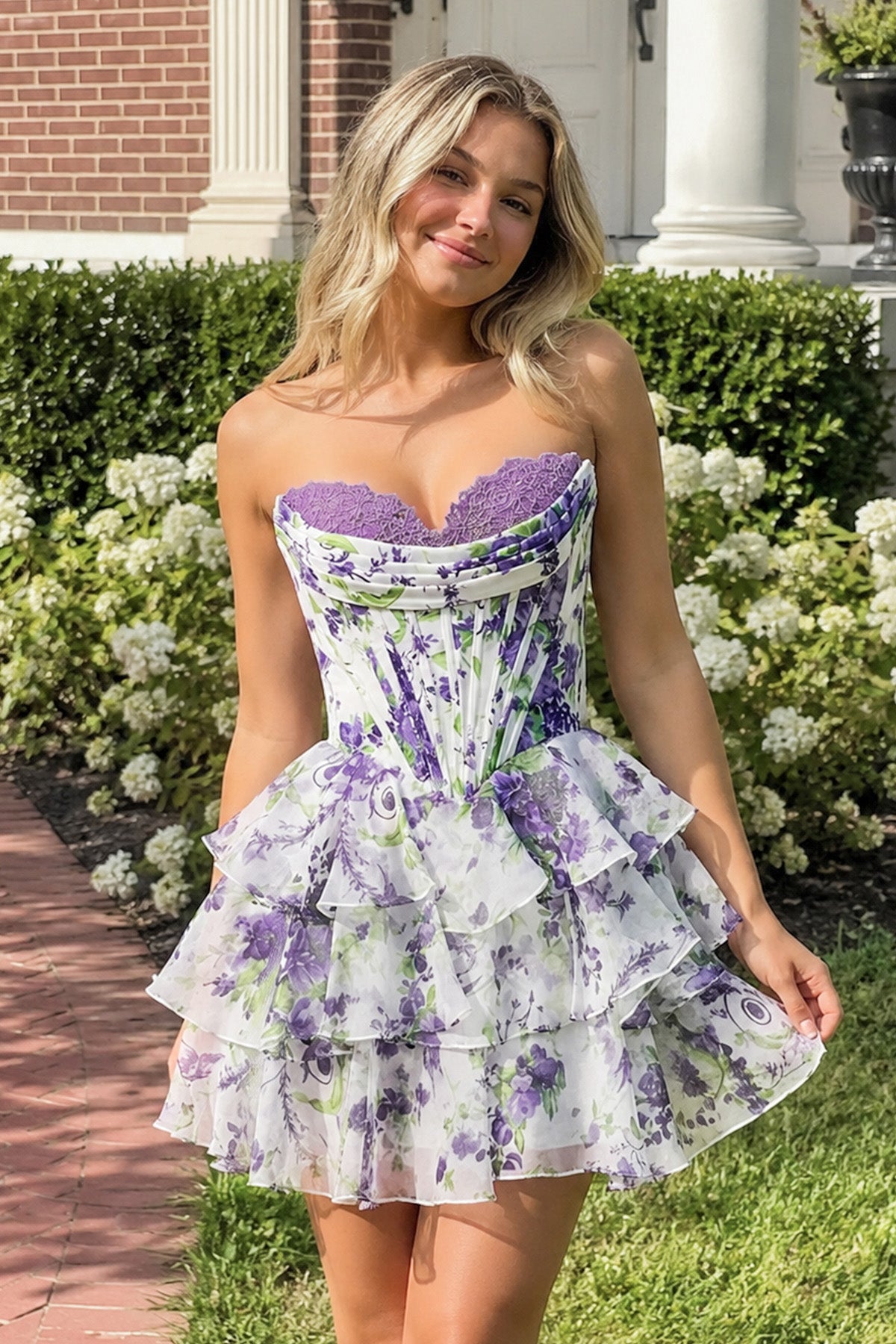 KissProm Sky Blue A Line Sweetheart Floral Chiffon Corset Ruffled Homecoming Dresses, Purple / 16