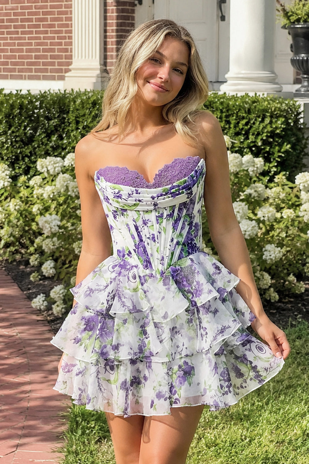Purple A Line Sweetheart Floral Chiffon Corset Ruffled Homecoming Dresses - KISSPROM