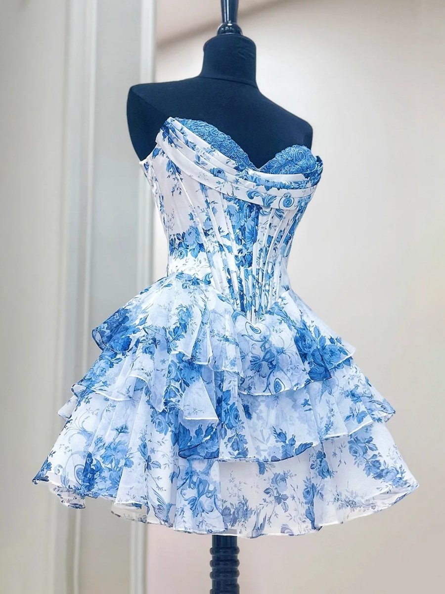 Gilda | Sky Blue - A Line Sweetheart Floral Chiffon Corset Ruffled Homecoming Dresses