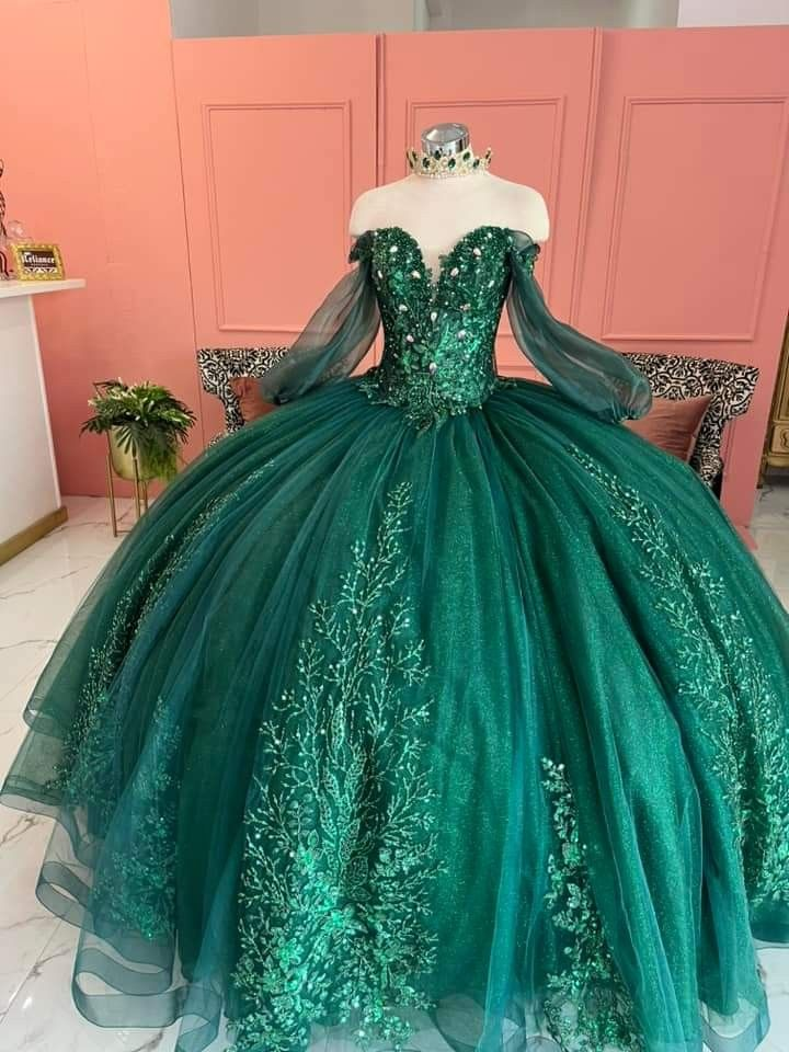 Dark Green Ball Gown Organza Half Sleeves Quinceanera Dress