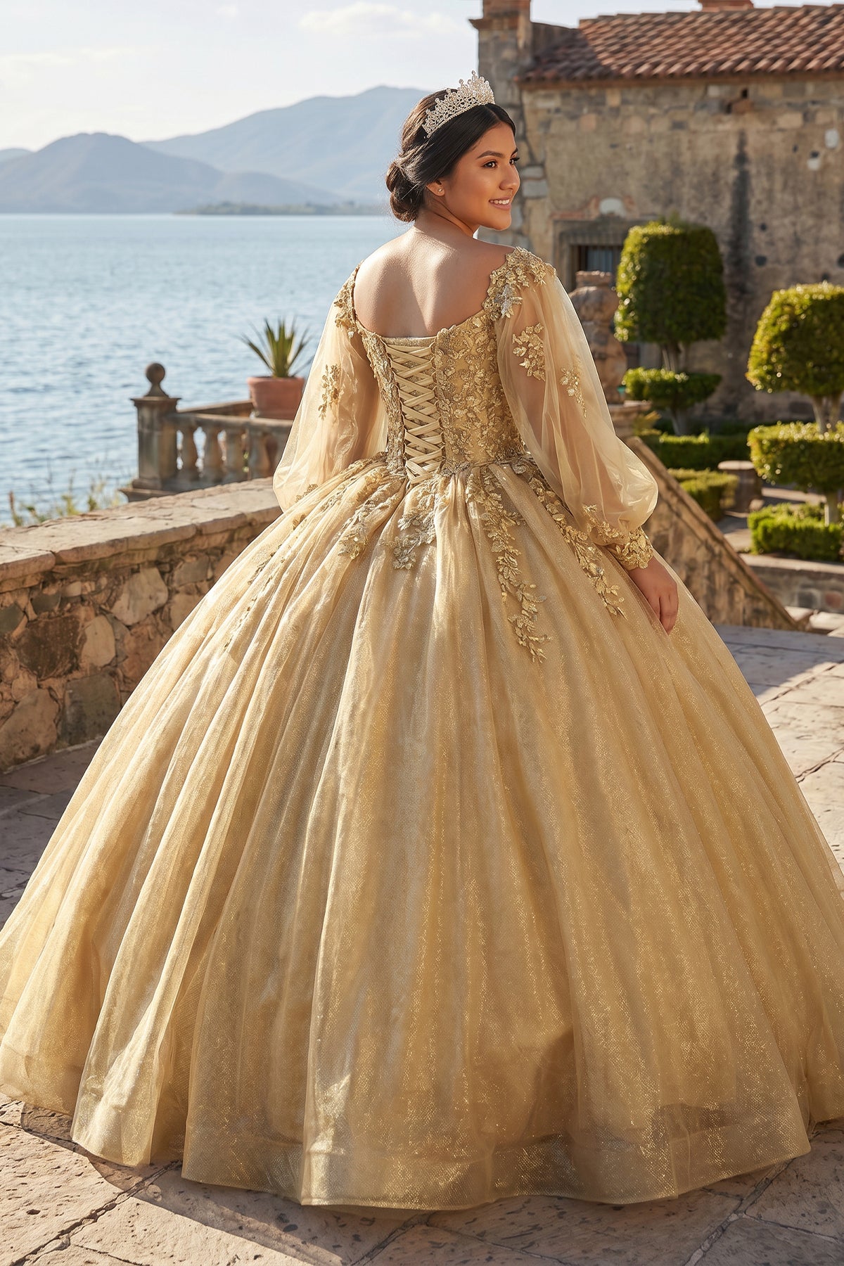 KissProm Glamorous Gold Off the Shoulder Glitter Tulle Quinceanera Dress, Golden / 8