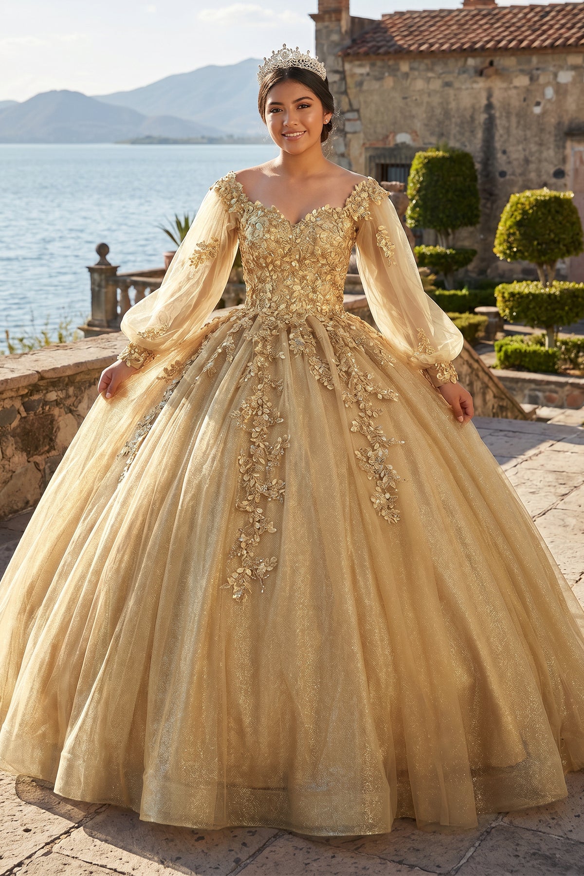 Glamorous Gold Off the Shoulder Glitter Tulle Quinceanera Dress Golden / 8