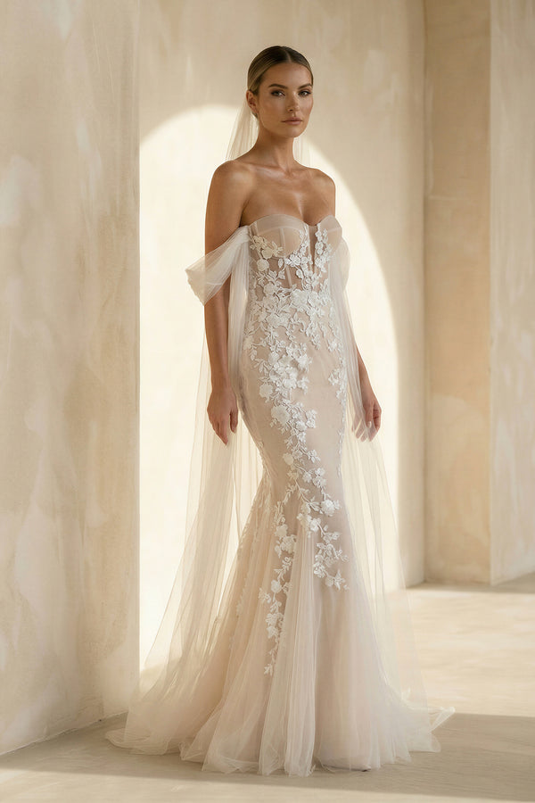 Glamorous Mermaid Off the Shouder Tulle Lace Wedding Dresses – Wedding Dresses by KissProm | Available at KissProm