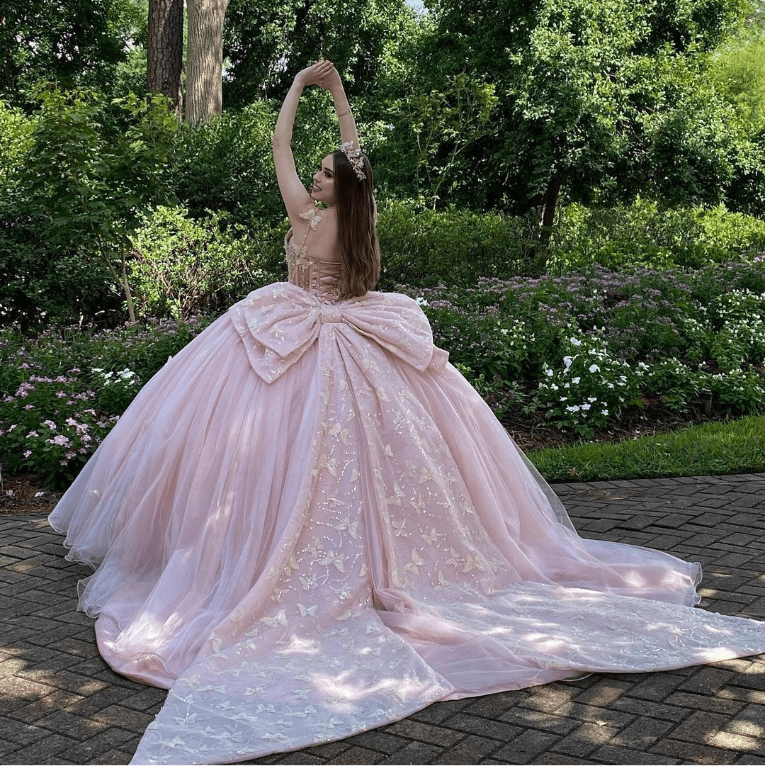 strapless open back dress Pink Ball Gown Tulle Sweetheart Quinceanera Dress