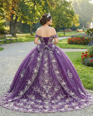 Quinceanera Dress Glamorous Purple Floral Lace Off-the-Shoulder Purple / 00