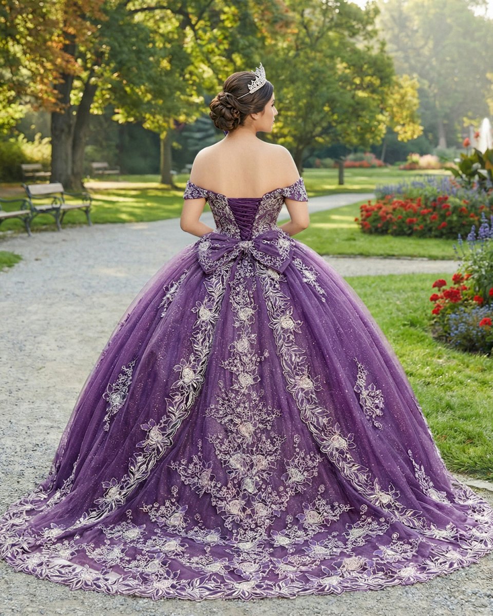 strapless open back dress Quinceanera Dress Glamorous Purple Floral Lace Off-the-Shoulder