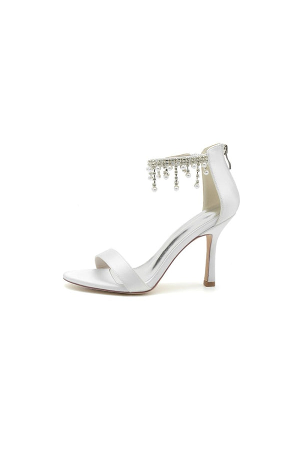Glamorous White Leather High Heels with Silver Chain Accent - KissProm