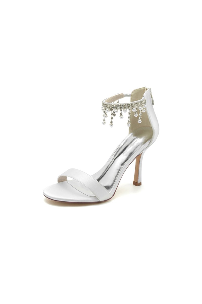 Glamorous White Leather High Heels with Silver Chain Accent - KissProm