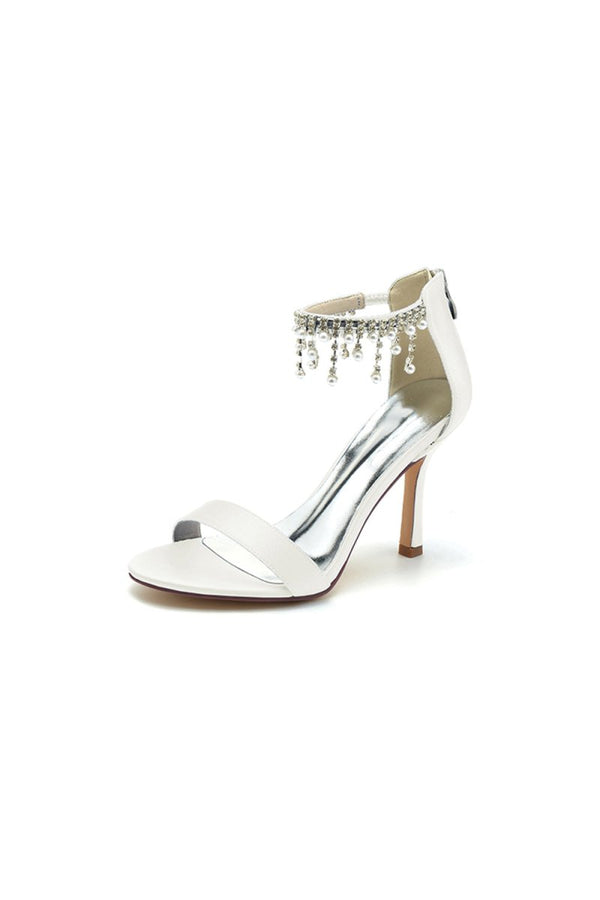 Glamorous White Leather High Heels with Silver Chain Accent - KissProm