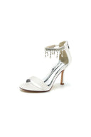 Glamorous White Leather High Heels with Silver Chain Accent - KissProm
