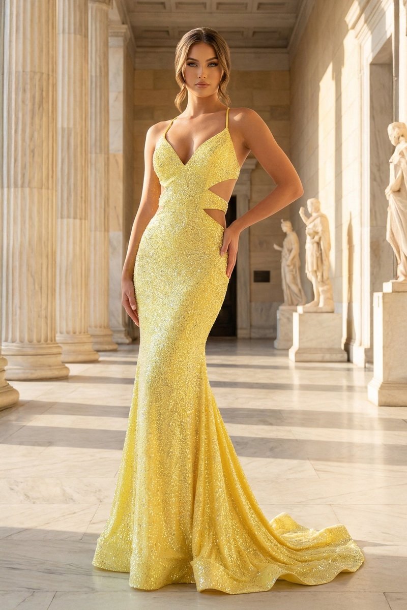 Sparkly Mermaid V Neck Yellow Sequins Long Prom Dresses - KissProm