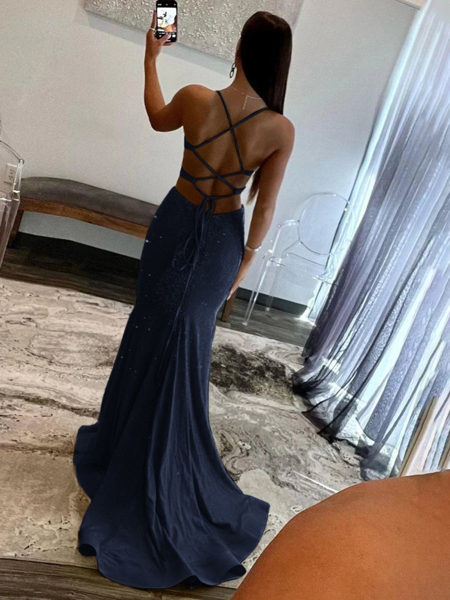 strapless open back dress Sparkly Mermaid V Neck Yellow Sequins Long Prom Dresses
