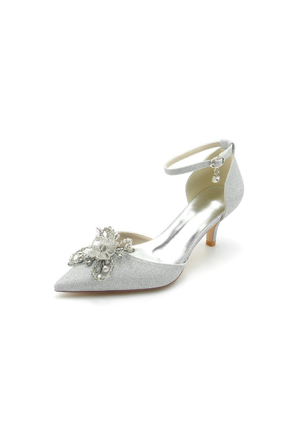 Ankle Strap Wedding Stiletto Heels with Flower - KissProm