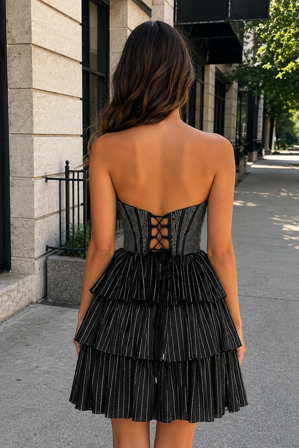 Glitter Black Strapless A-Line Corset Short Homecoming Dress with Beading - KissProm