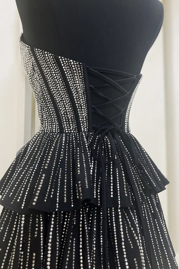 Glitter Black Strapless A-Line Corset Short Homecoming Dress with Bead