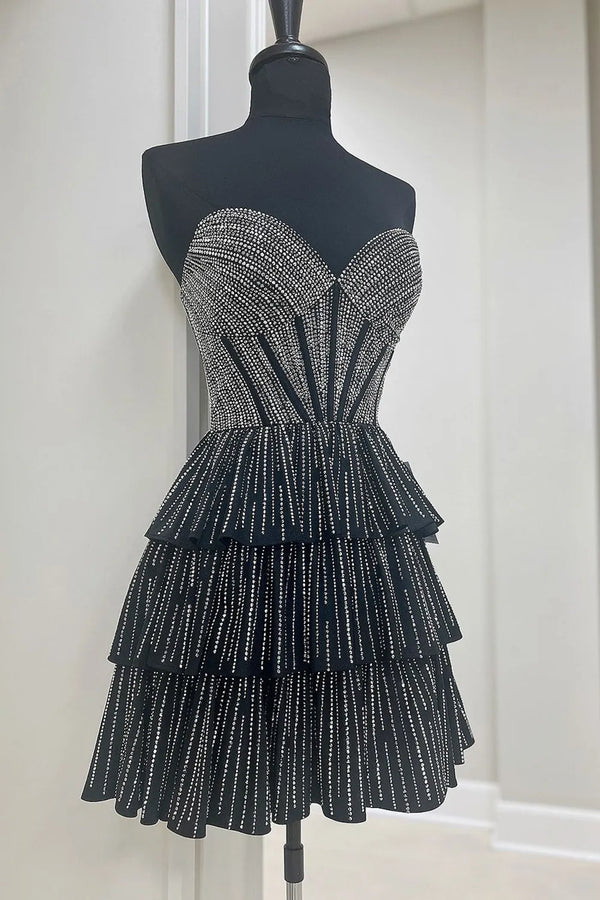 Glitter Black Strapless A-Line Corset Short Homecoming Dress with Bead