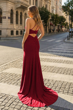 KissProm- Burgundy  Mermaid One Shoulder Beaded Jersey Prom Dress with Slit